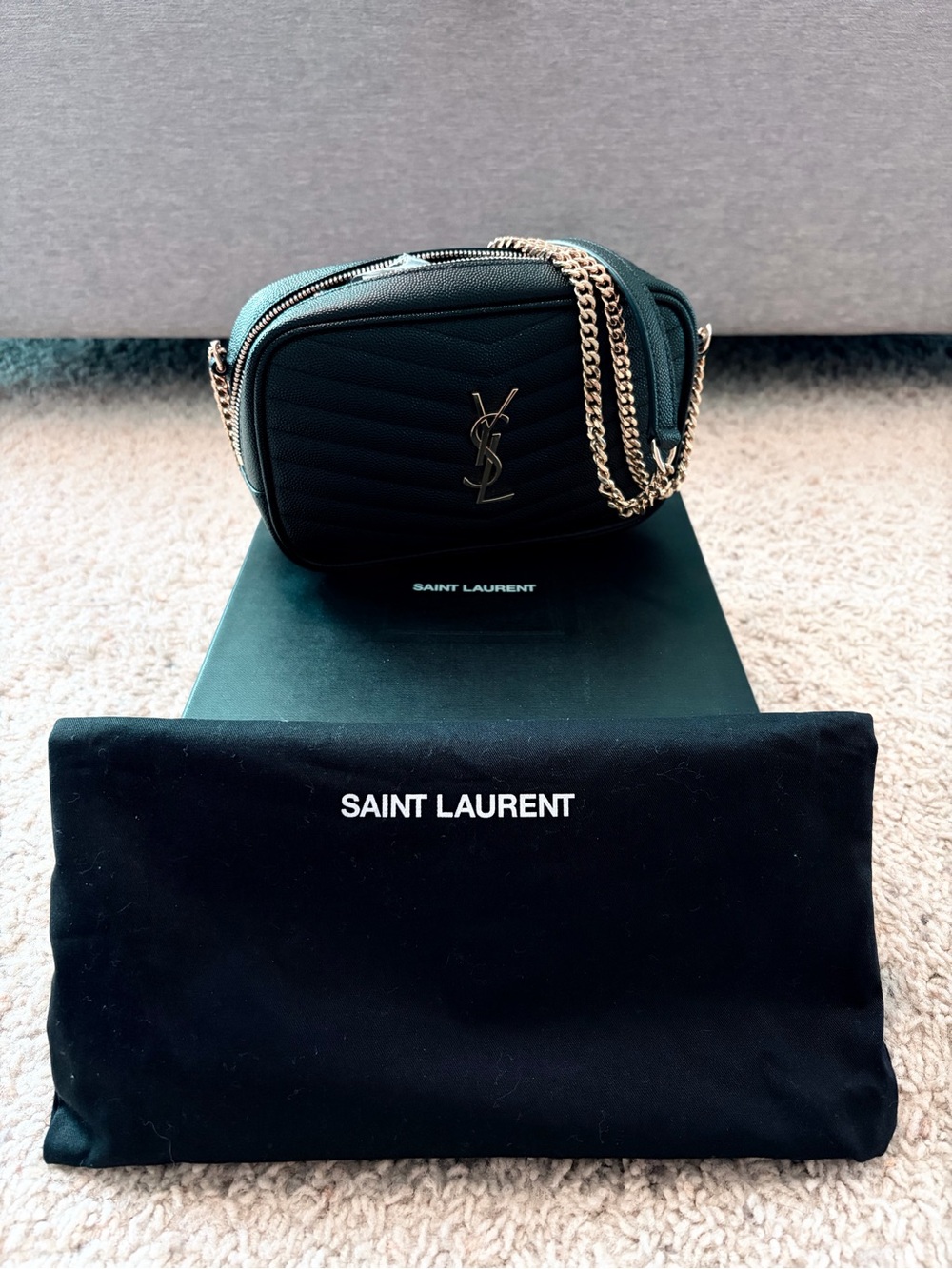 Saint Laurent Black Quilted Camera Bag with Gold Chain